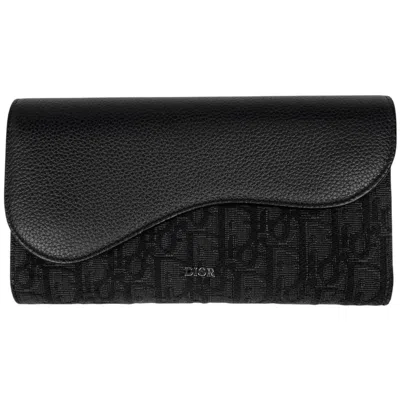 Pre-owned Dior Christian  Black Cotton Leather Fabric Long Wallet (bi-fold) ()