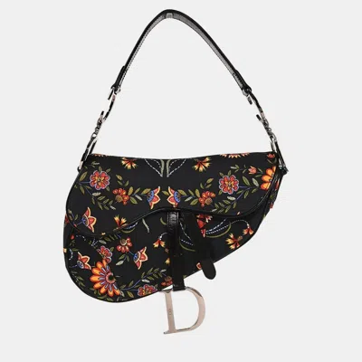 Pre-owned Dior Christian  Black Floral Saddle Handbag