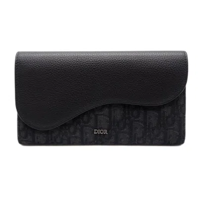Pre-owned Dior Christian  Black Gray Leather Canvas Long Wallet (bi-fold) () In Multi