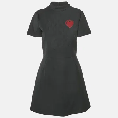 Pre-owned Dior Christian  Black Heart Applique Wool Quilted Detail Short Dress M