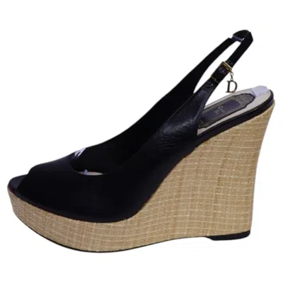 Pre-owned Dior Christian  Black Leather Platform Wedge Slingback Sandals - Eu 39.5