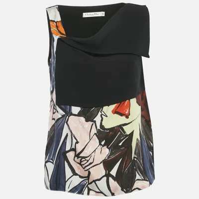 Pre-owned Dior Christian  Black Printed Silk Blend Asymmetrical Detail Top M