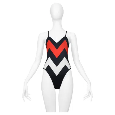 Pre-owned Dior Christian  Black, Red & White Chevron Swimsuit 1999