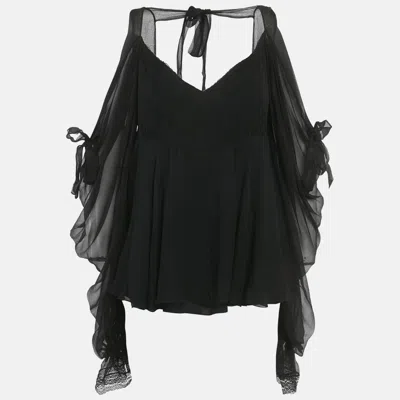 Pre-owned Dior Christian  Black Silk Lace Trim Tie -up Blouse M