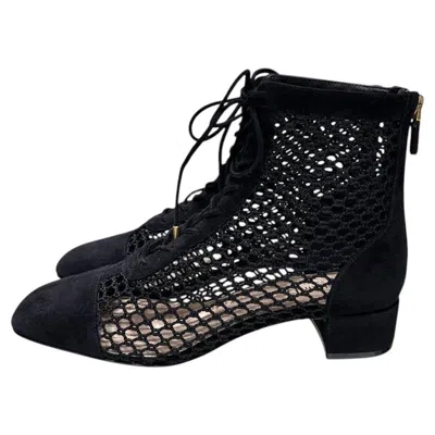Pre-owned Dior Christian  Black Suede Lace Ankle Boots Eu 38 Chunky Heel Italy