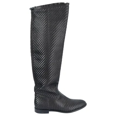 Pre-owned Dior Christian  Black Woven Leather 2020 Global Riding Boots Shoes 38.5