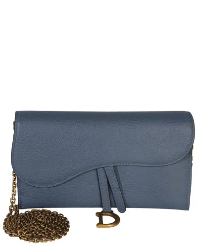 Pre-owned Dior Christian  Blue Leather Grained Small Saddle Pouch With Chain (authentic  Pre-loved)