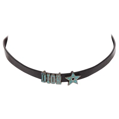 Pre-owned Dior Christian  Blue Marble Logo Star Charm Black Leather Short Choker