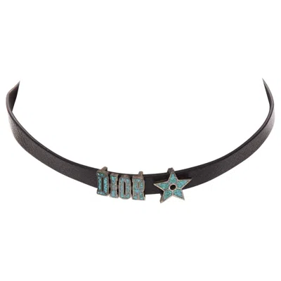 Pre-owned Dior Christian  Blue Marble Logo Star Charm Black Leather Short Choker
