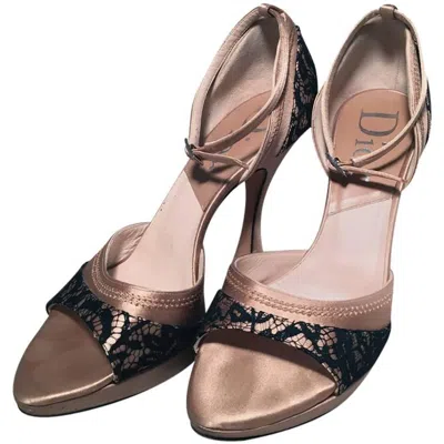 Pre-owned Dior Christian  Blush Satin And Black Lace High Heel Ankle Strap Shoes Size 7