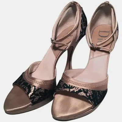 Pre-owned Dior Christian  Blush Satin And Black Lace High Heel Ankle Strap Shoes Size 7 In Pink