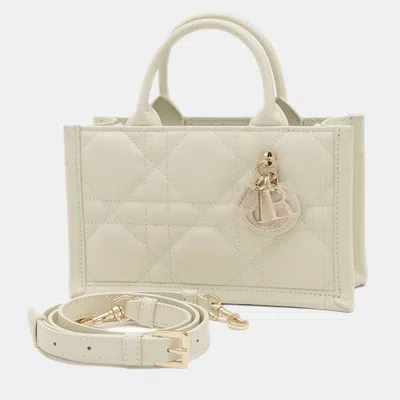 Pre-owned Dior Christian  Book Tote Bag Mini Macrocannage Leather Ivory