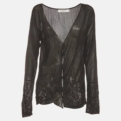 Pre-owned Dior Christian  Boutique Black Crinkled Knit Sheer Cardigan S