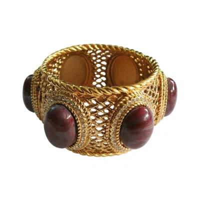 Pre-owned Dior Christian  Boutique Massive Jewelled Gold Toned Latticework Cuff Bracelet In Multi