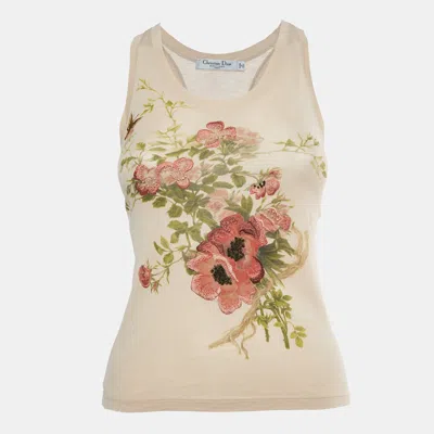 Pre-owned Dior Christian  Boutique Pink Floral Embroidered Jersey Tank Top S