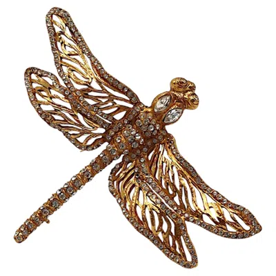 Pre-owned Dior Christian  Boutique Vintage Oversized Gold-tone Crystal Dragonfly Brooch In Multiple