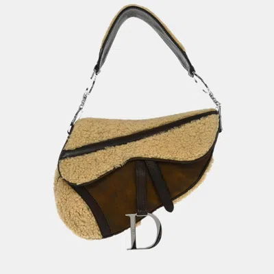 Pre-owned Dior Christian  Brown Shearling Lambskin Saddle Handbag In Sand