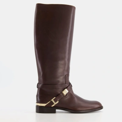 Pre-owned Dior Christian  Burgundy Leather Boots With Gold Logo Detail Size 36
