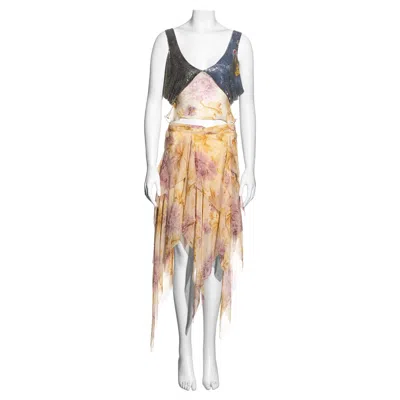Pre-owned Dior Christian  By John Galliano Floral Silk Chiffon Top And Skirt Set, Fw 2001 In Sand