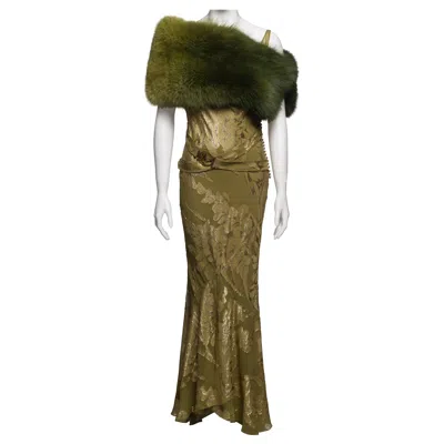 Pre-owned Dior Christian  By John Galliano Gold & Olive Metallic Silk Dress & Fur, Fw 2004 In Brown