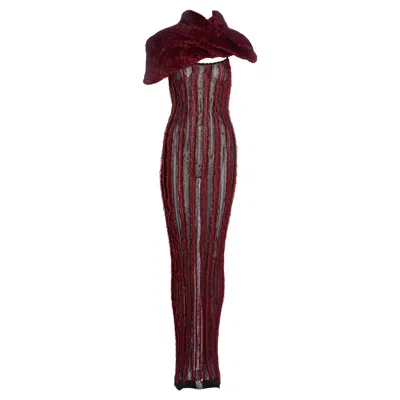 Pre-owned Dior Christian  By John Galliano Red Floor-length Dress And Fur Snood, Fw 1999