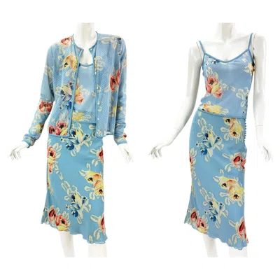 Pre-owned Dior Christian  By John Galliano S/s 2001 Silk Blue Flower Print 3 Pc Skirt Set