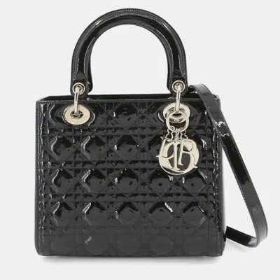 Pre-owned Dior Christian  Cannage Lady Medium 2-way Hand Shoulder Bag Black Enamel