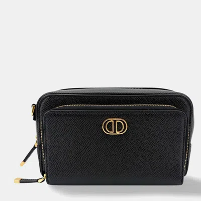 Pre-owned Dior Christian  Caro Double Pouch Black Grained Calfskin Leather Crossbody Bag