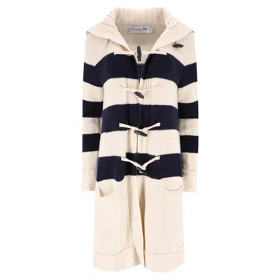 Pre-owned Dior Christian  Cashmere & Wool Striped Logo Cardi/coat In Sand