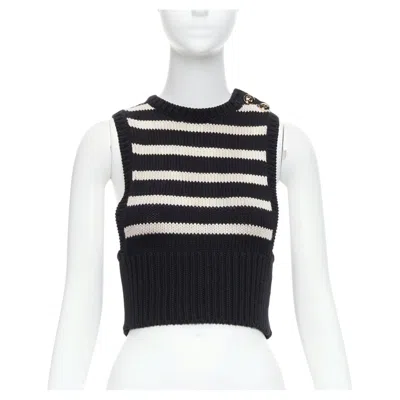Pre-owned Dior Christian  Cream Cotton Cashmere Striped Cd Logo Button Cropped Vest Fr34 Xs In White
