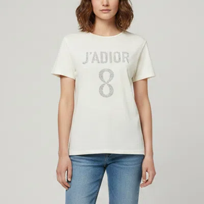 Pre-owned Dior Christian  Cream J'a 8 Graphic Jersey Crewneck T-shirt S In White