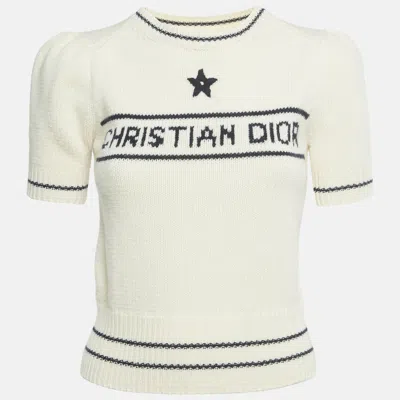 Pre-owned Dior Christian  Cream Logo Intarsia Virgin Wool Short Sleeve Top S In White
