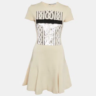 Pre-owned Dior Christian  Cream Sequin Embellished Wool Jersey Flared Mini Dress S
