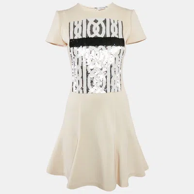 Pre-owned Dior Christian  Cream Wool Sequin Embellished Flared Mini Dress S
