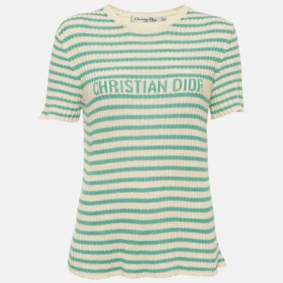 Pre-owned Dior Christian  Cream/blue Striped Rib Knit Iviera Pullover M