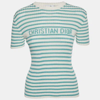 Pre-owned Dior Christian  Cream/blue Striped Rib Knit Iviera Pullover S