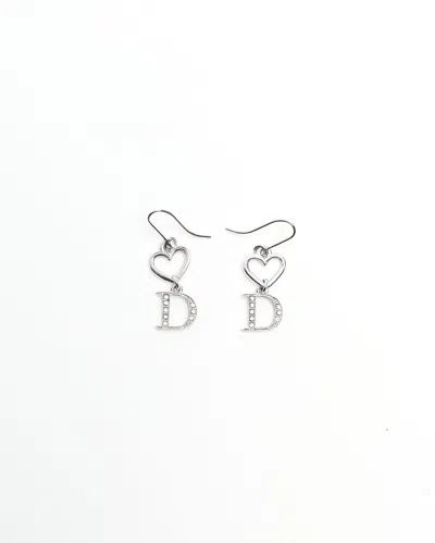 Dior Christian  D Logo Rhinestone Dangling Hook Earrings In Silver