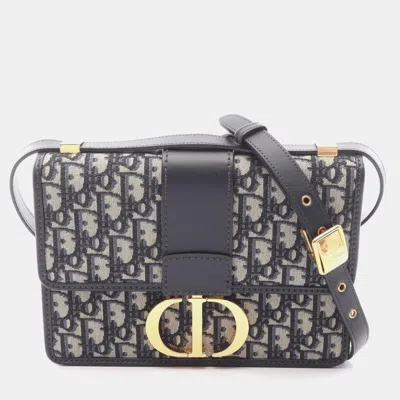 Pre-owned Dior Christian   30 Montaigne Oblique Jacquard Shoulder Bag Canvas And Leather Navy Beige In Sand