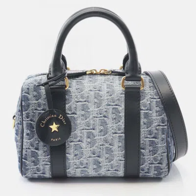 Pre-owned Dior Christian   Groove 20 Small Oblique Jacquard Handbag In Denim And Leather Navy Blue