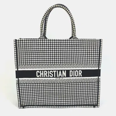 Pre-owned Dior Christian   Houndstooth Embroidered Book Tote Canvas Shoulder Bag In White/black