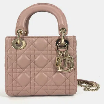 Pre-owned Dior Christian   Lady Mini Cannage Chain Shoulder Bag Lambskin Pink Beige In Sand