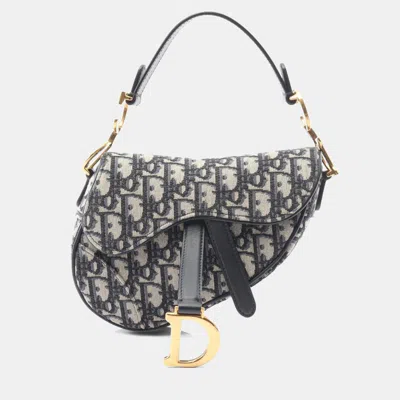 Pre-owned Dior Christian   Saddle Oblique Handbag Canvas And Leather Beige Navy In Sand
