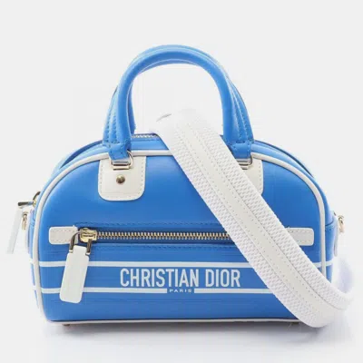 Pre-owned Dior Christian   Vibe Mini Bowling Bag Leather Handbag Blue And White