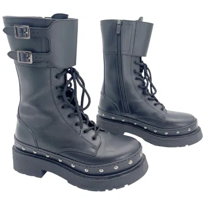 Pre-owned Dior Christian  Quake Black Calfskin Studded Buckle Moto Combat Boots Eu 38.5