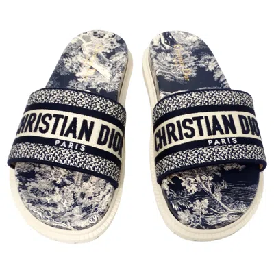 Pre-owned Dior Christian  Dway Canvas Toile De Jouy Blue Embroidered Slides