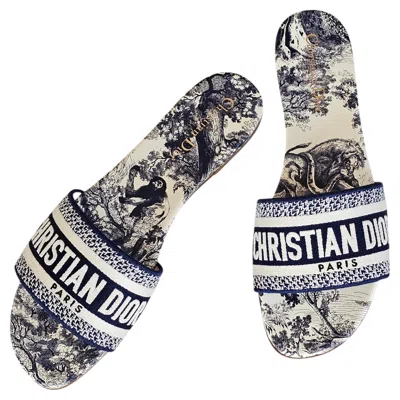 Pre-owned Dior Christian  Dway Slides In Navy Blue Embroidered Toile De Jouy 39.5