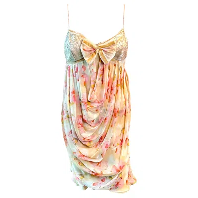 Pre-owned Dior Christian  F/w 2005 Runway Lace Bra Draped Floral Print Mini Dress In Sand