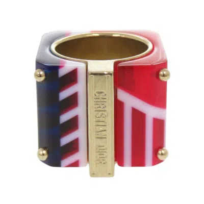 Pre-owned Dior Christian  Gold Blue Red Color Gold Plating Plastic Band Ring ()