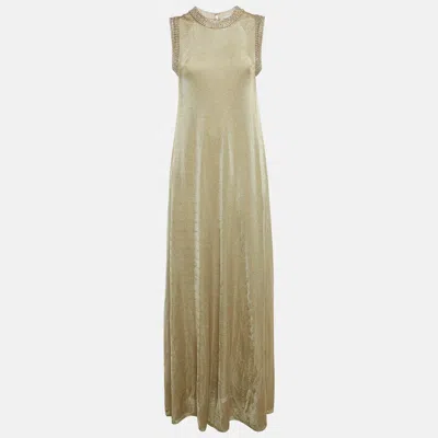 Pre-owned Dior Christian  Gold Embellished Detail Mesh Long Dress M