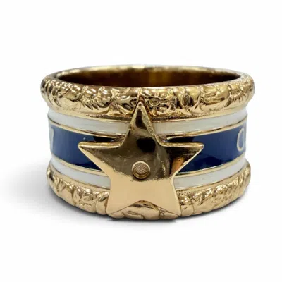 Pre-owned Dior Christian  Gold Navy White Metal Band Ring () In Gold, Navy, White